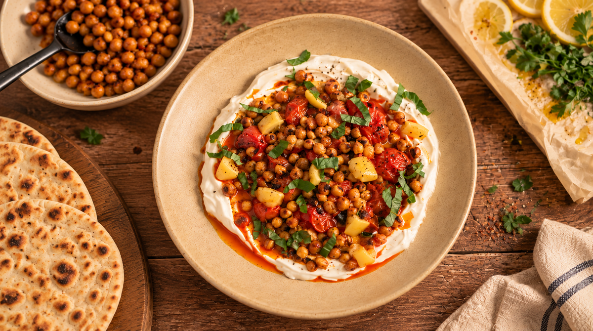 Honey-Roasted Chickpeas and Blistered Tomatoes on Whipped Yoghurt with Chilli Oil