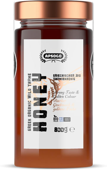 APSOGO Organic Thyme Honey - Pure Wilderness Honey from Greece, Crete - Strong Taste & Golden Colour (800g)