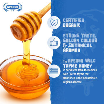APSOGO Organic Thyme Honey - Pure Wilderness Honey from Greece, Crete - Strong Taste & Golden Colour (400g)
