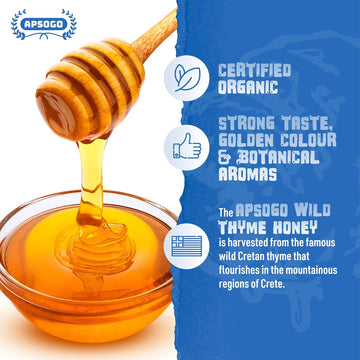APSOGO Organic Thyme Honey - Pure Wilderness Honey from Greece, Crete - Strong Taste & Golden Colour (400g)