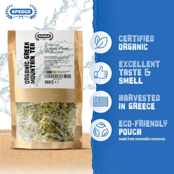APSOGO Organic Greek Mountain Tea - Premium Quality & Excellent Taste Loose Leaf Herbal Tea, Handpicked with Stems, Leaves & Flowers (100g)