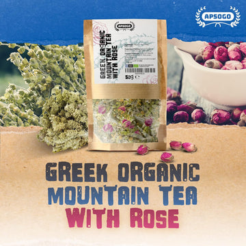 APSOGO Organic Mountain Tea with Rose - Herbal Infused Tea - Premium Quality & Excellent Taste - Produced in Greece - 50g