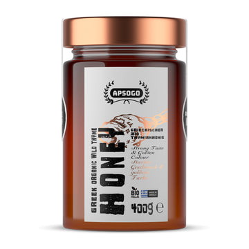 APSOGO Organic Thyme Honey - Pure Wilderness Honey from Greece, Crete - Strong Taste & Golden Colour (400g)