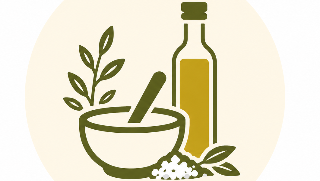 Illustration of a bottle, bowl, and leaves on a beige background