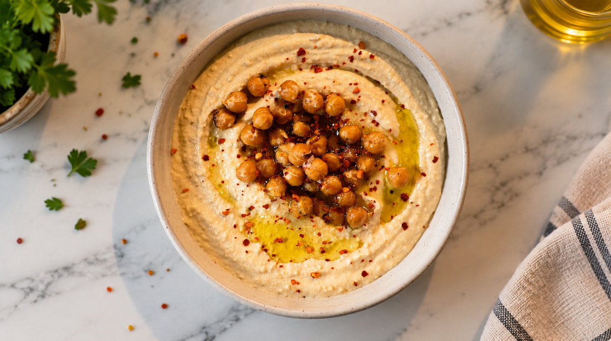 Creamy hummus with crispy roasted chickpeas and olive oil