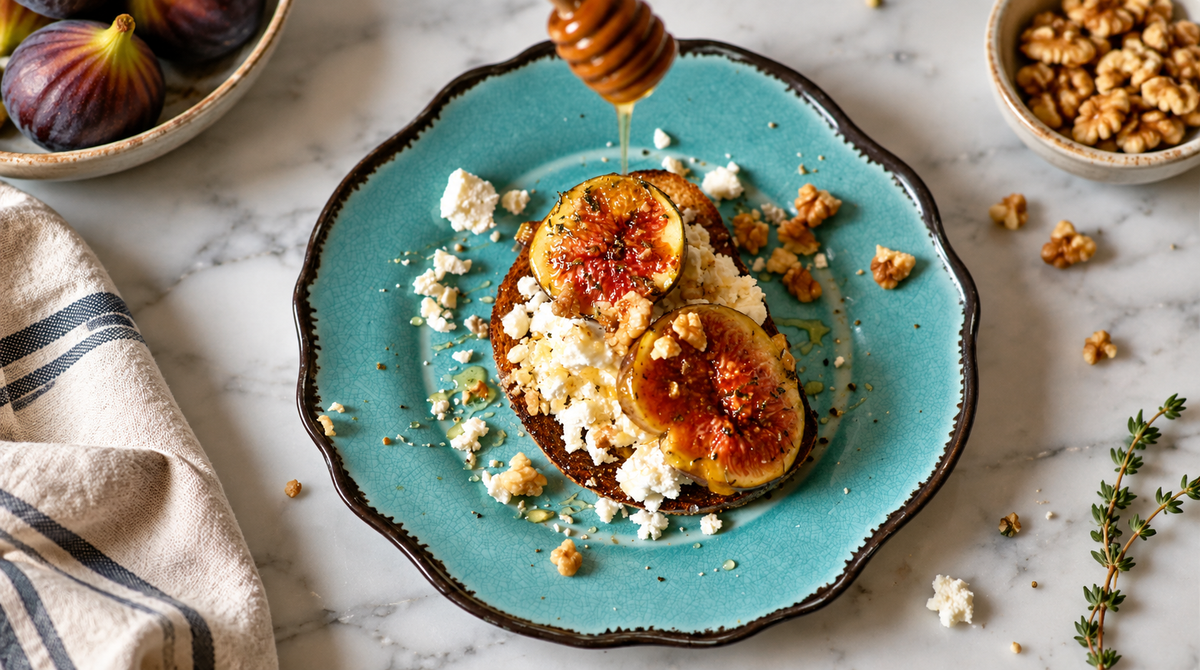 Caramelised figs and feta toast with thyme and pine honey