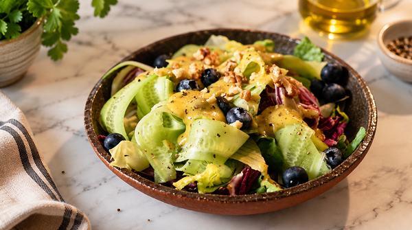Grüner Salat mit Blaubeeren und Honig-Oregano-Dressing