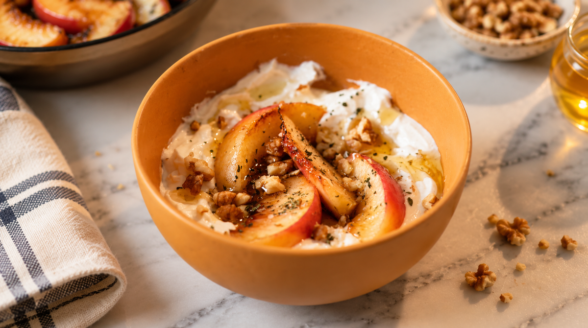 Pan-roasted peaches with Greek yoghurt, thyme honey and walnuts