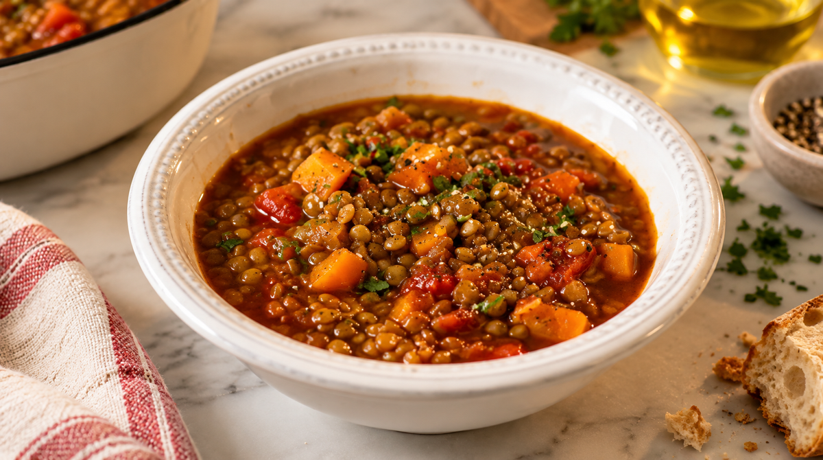 Fakes, Greek brown lentil soup with bay leaves in a bowl