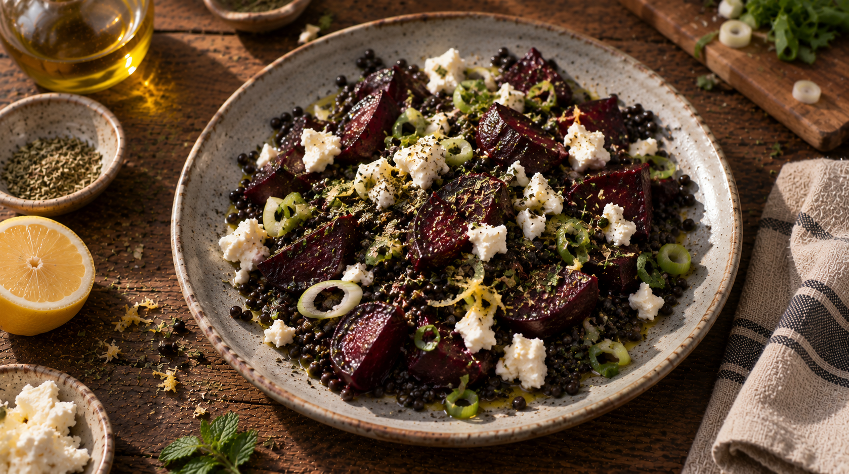 Beluga Lentils with Roasted Beetroot, Feta and Spearmint
