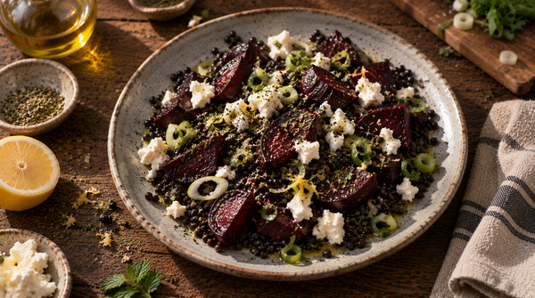 Beluga Lentils with Roasted Beetroot, Feta and Spearmint