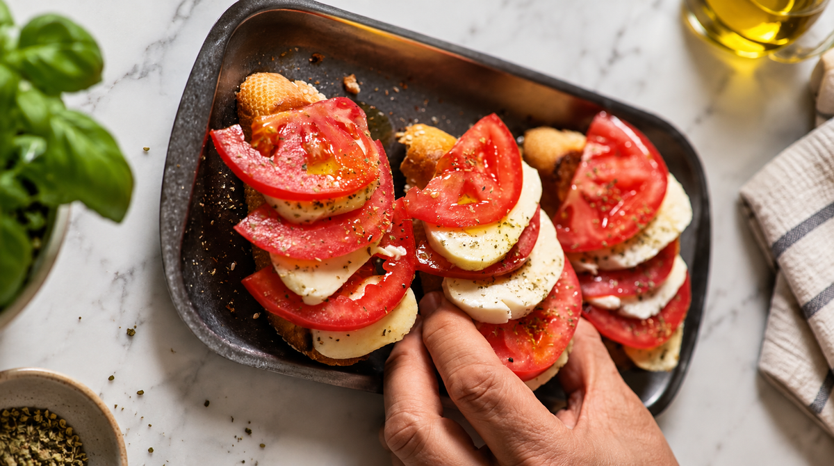 Caprese toasts fried in Greek olive oil