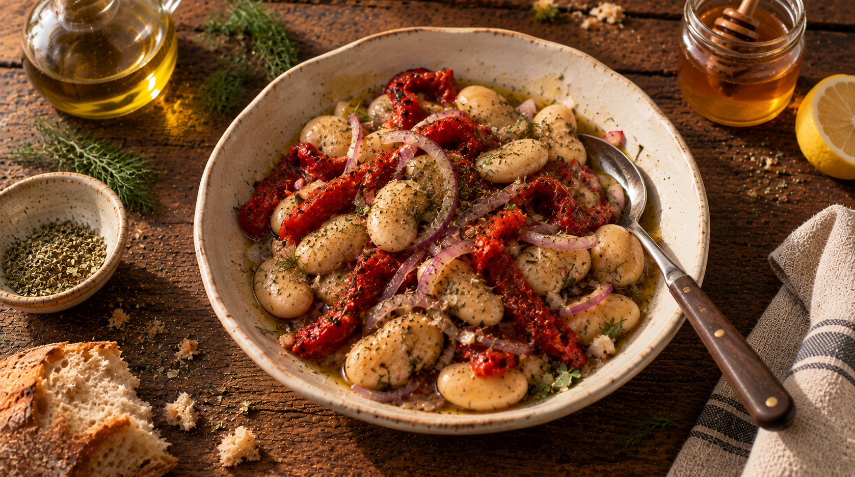 Gigantes Salad with Roasted Peppers, Dill and Thyme Honey Vinaigrette