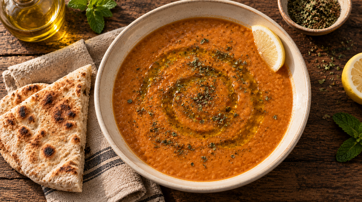 Red Lentil Soup with Spearmint, Lemon and Ginger-Turmeric Tomatoes