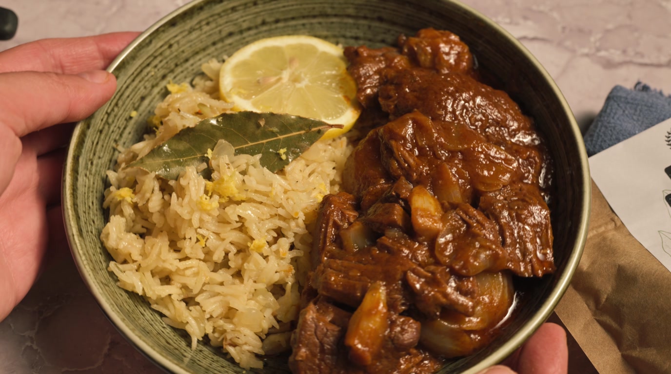 Beef Stifado with Bay Leaves and Lemon Rice