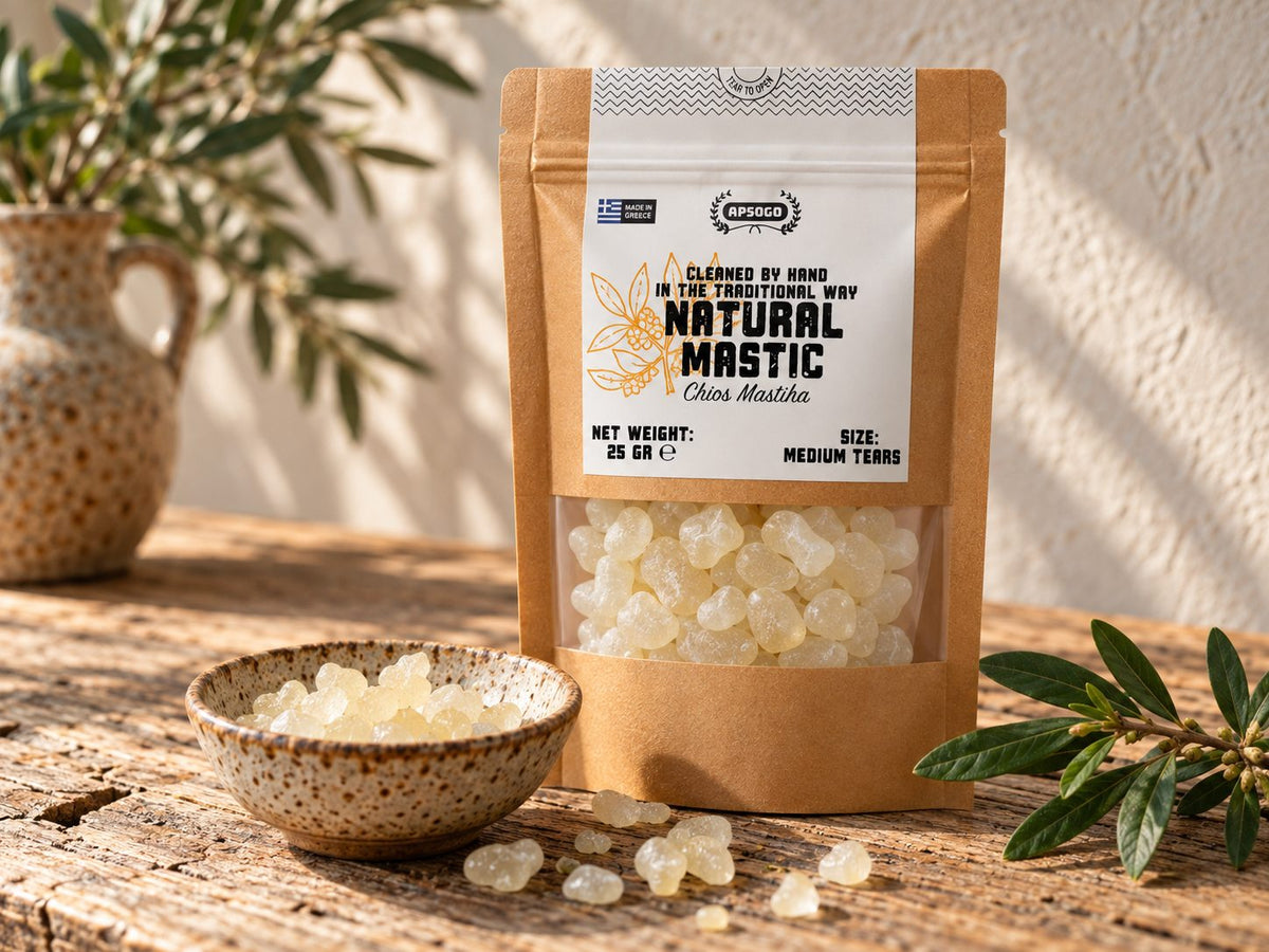 APSOGO Natural Mastic from Chios pouch with mastic tears in a ceramic bowl