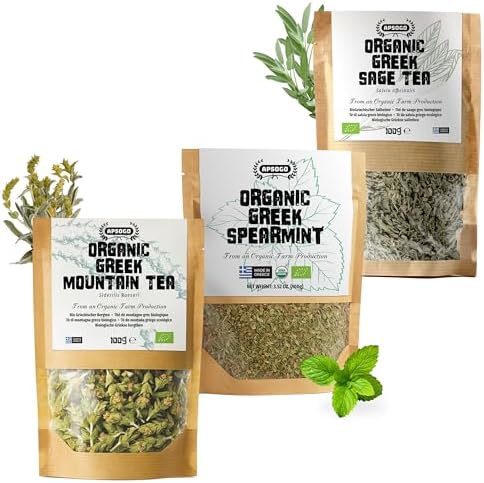 APSOGO Organic Greek Herbal Tea Bundle - Mountain Tea, Sage & Spearmint - Premium Loose Leaf - Handpicked in Greece - 3x100g