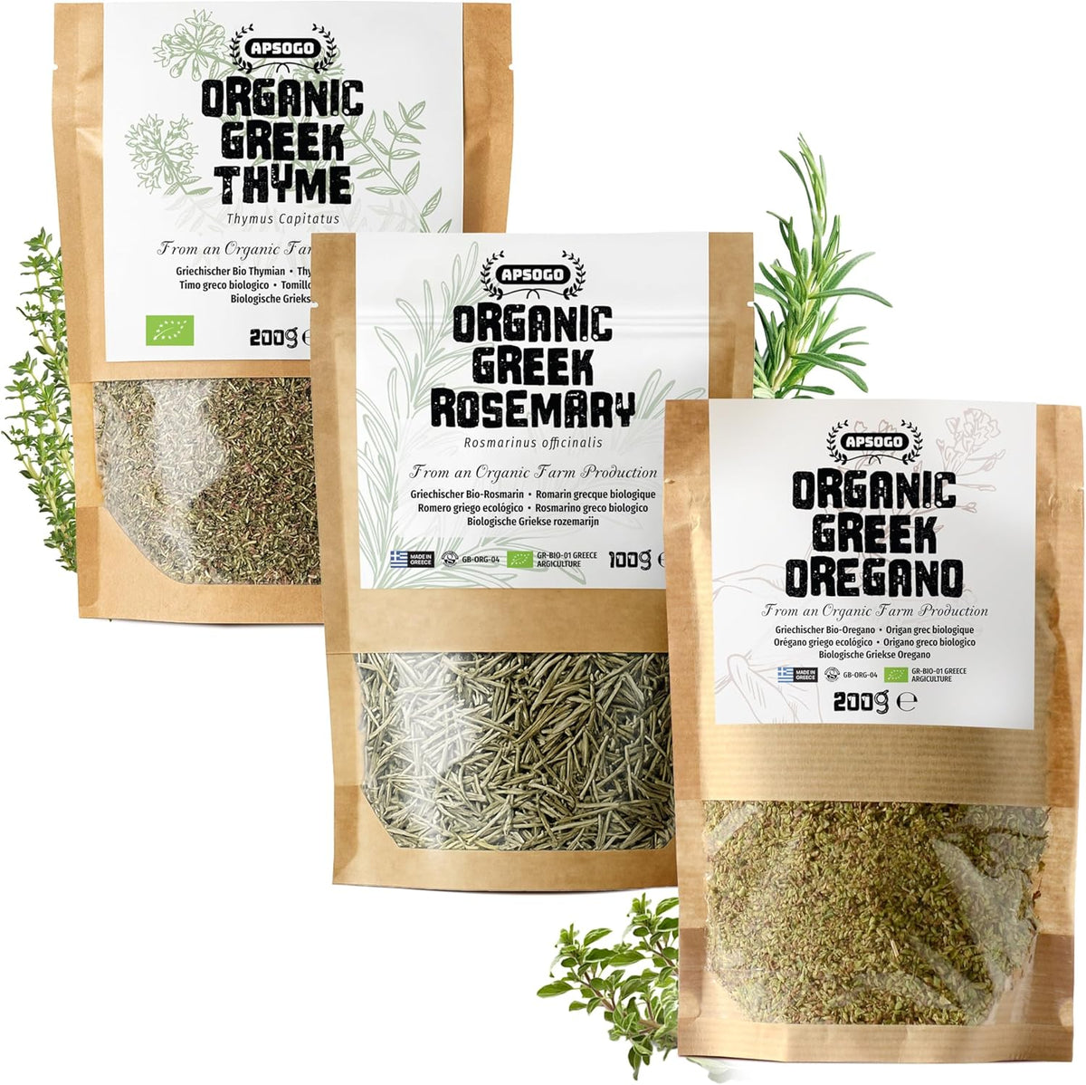 APSOGO Organic Greek Herbs Bundle - Rosemary, Thyme & Oregano - Premium Dried Herbs - Aromatic Mediterranean Flavor