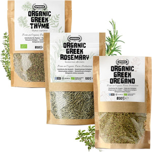 APSOGO Organic Greek Herbs Bundle - Rosemary, Thyme & Oregano - Premium Dried Herbs - Aromatic Mediterranean Flavor