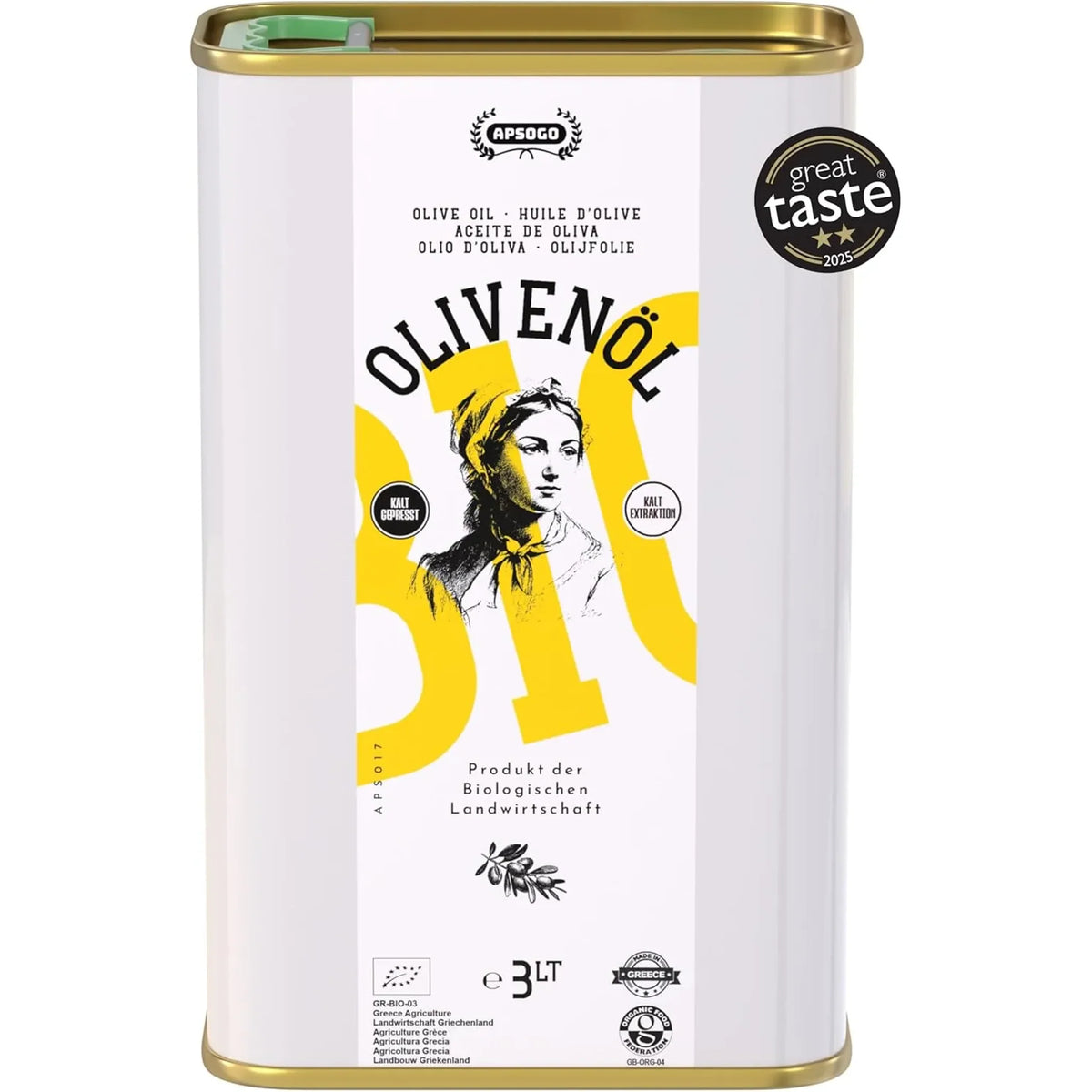 APSOGO organic Greek extra virgin olive oil in a 3 litre tin