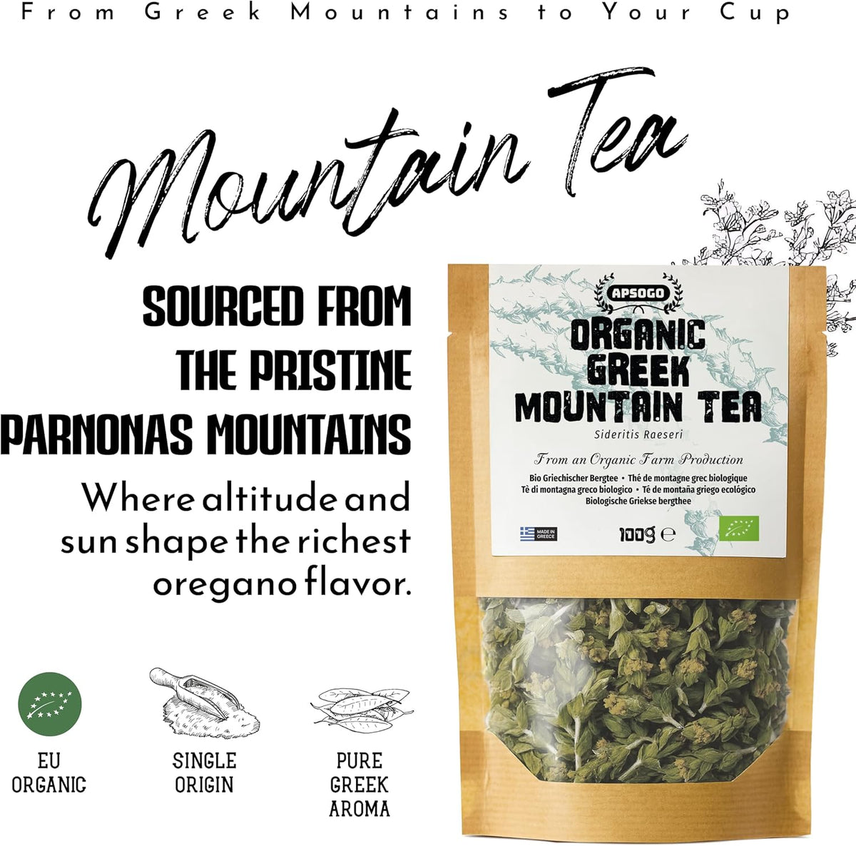 APSOGO Organic Greek Herbal Tea Bundle - Mountain Tea, Sage & Spearmint - Premium Loose Leaf - Handpicked in Greece - 3x100g