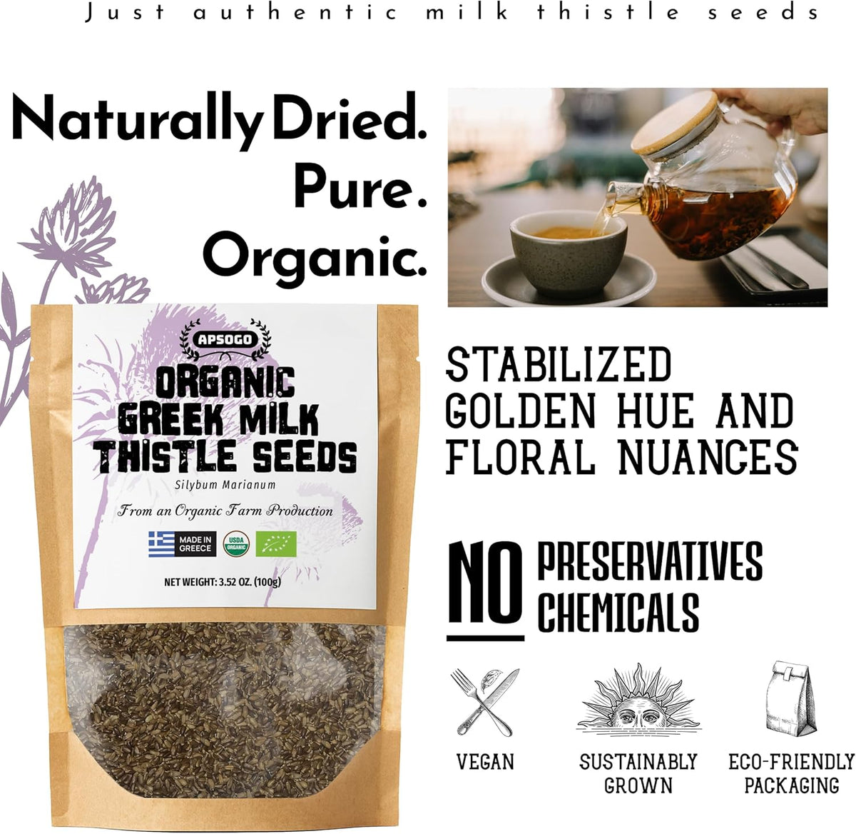 Organic Milk Thistle Seeds Herbal Tea (100g) - Premium Greek Silybum Marianum Seeds Tea - Smooth Earthy Taste - Eco-Friendly Resealable Pouch - Caffeine Free Herbal Infusion
