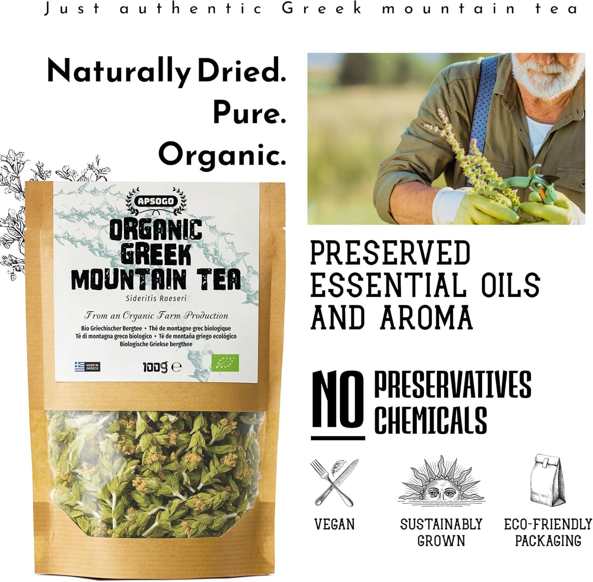 APSOGO Organic Greek Herbal Tea Bundle - Mountain Tea, Sage & Spearmint - Premium Loose Leaf - Handpicked in Greece - 3x100g