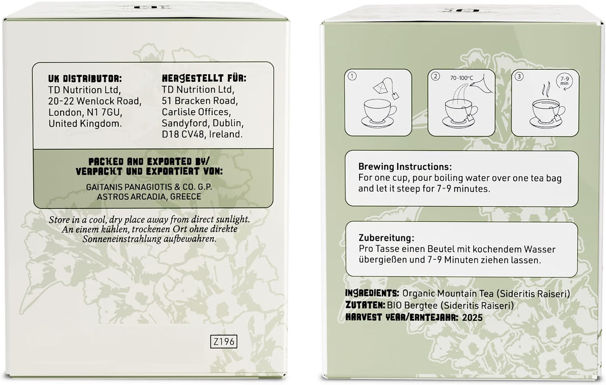 APSOGO Organic Greek Mountain Tea - 20 Teabags - Sideritis Tea, naturally Caffeine Free - Herbal Infusion, Aromatic & Soothing