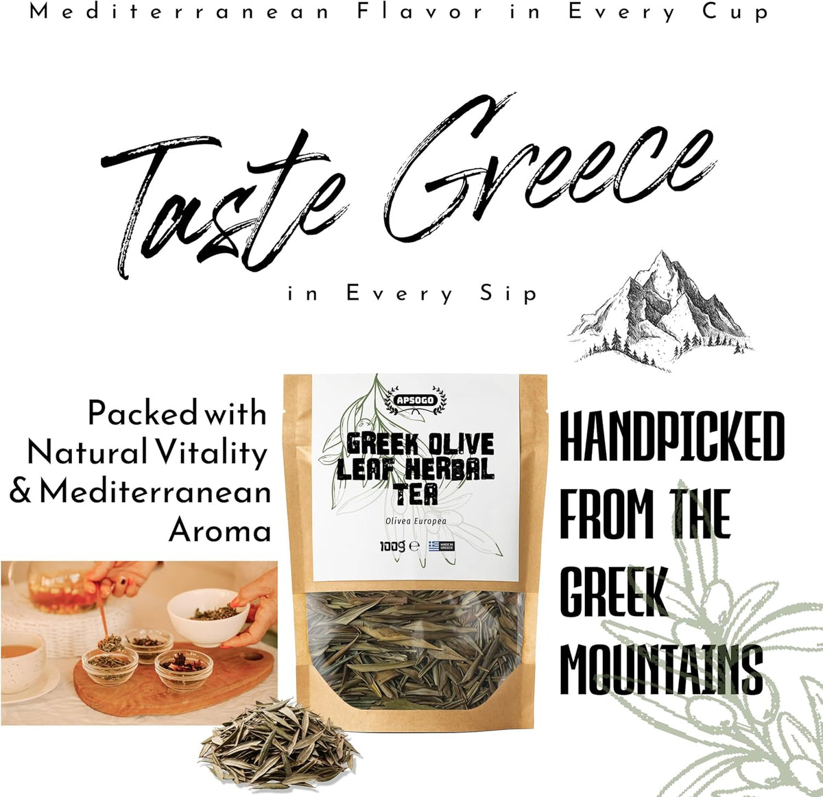 Apsogo Greek Olive Leaf Tea (100g) - Premium Loose Olive Leaves - Mild Herbal Taste & Smooth Aroma - Natural Caffeine-Free Tea - Resealable Eco-Friendly Pouch