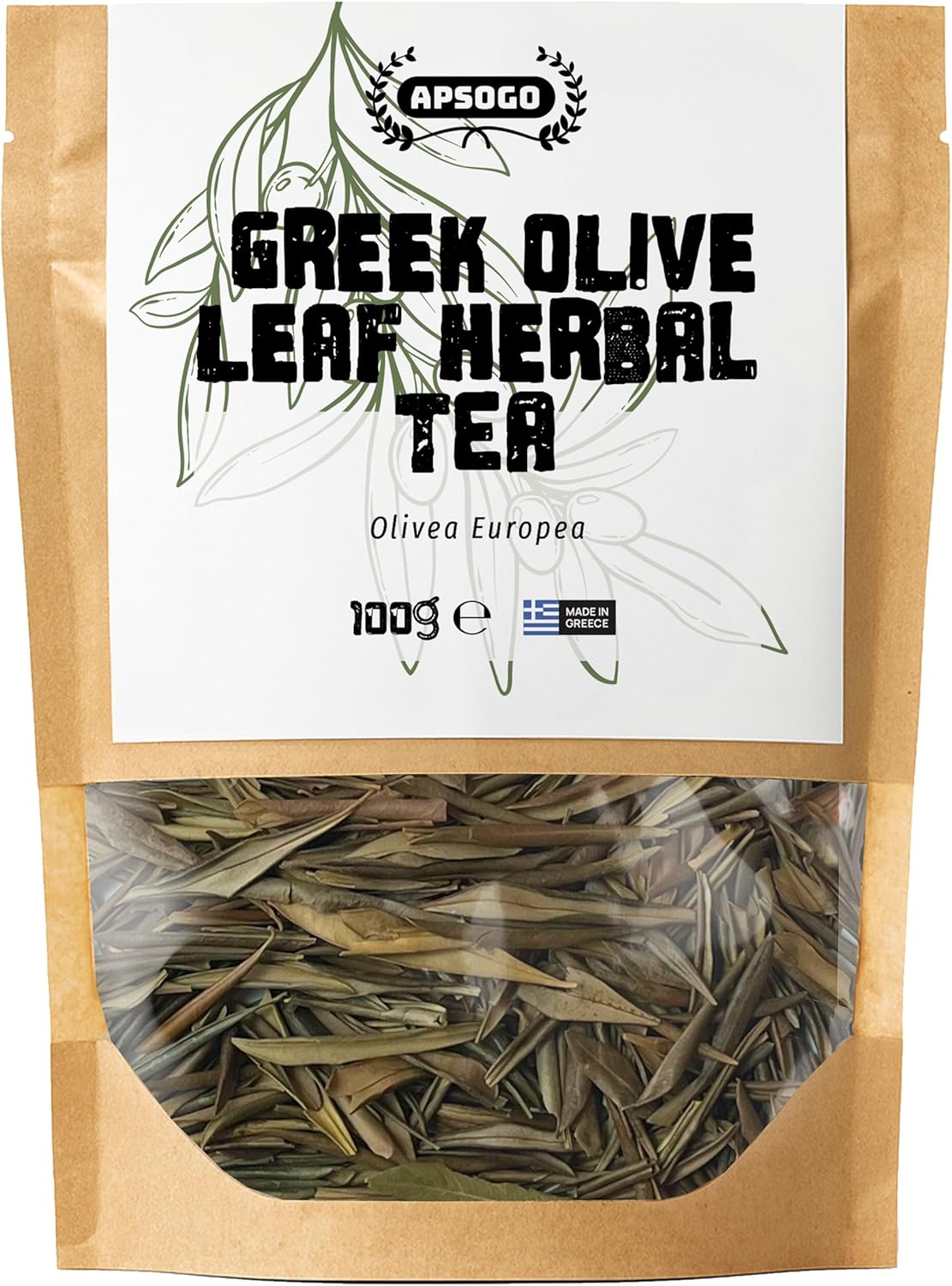 Apsogo Greek Olive Leaf Tea (100g) - Premium Loose Olive Leaves - Mild Herbal Taste & Smooth Aroma - Natural Caffeine-Free Tea - Resealable Eco-Friendly Pouch