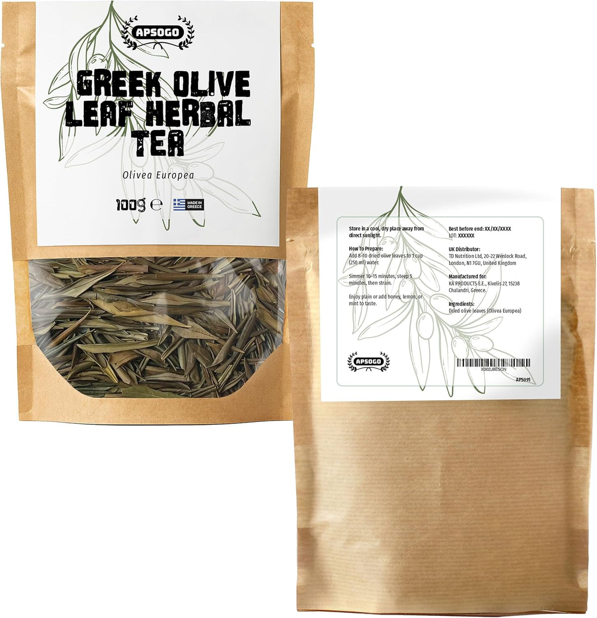 Apsogo Greek Olive Leaf Tea (100g) - Premium Loose Olive Leaves - Mild Herbal Taste & Smooth Aroma - Natural Caffeine-Free Tea - Resealable Eco-Friendly Pouch