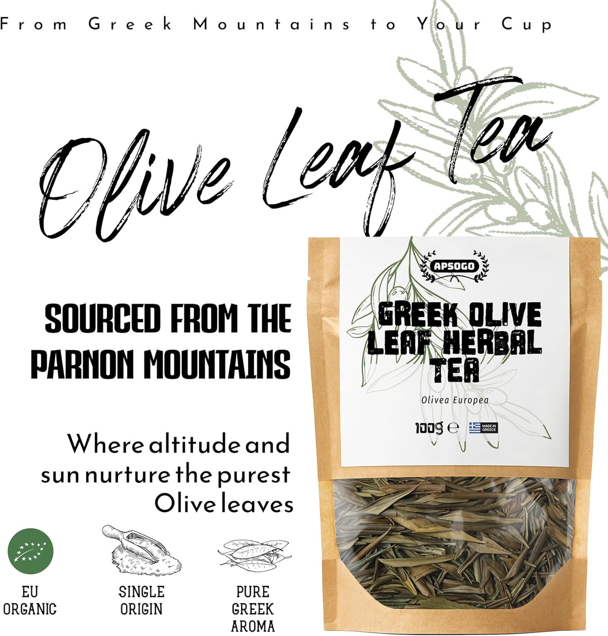 Apsogo Greek Olive Leaf Tea (100g) - Premium Loose Olive Leaves - Mild Herbal Taste & Smooth Aroma - Natural Caffeine-Free Tea - Resealable Eco-Friendly Pouch