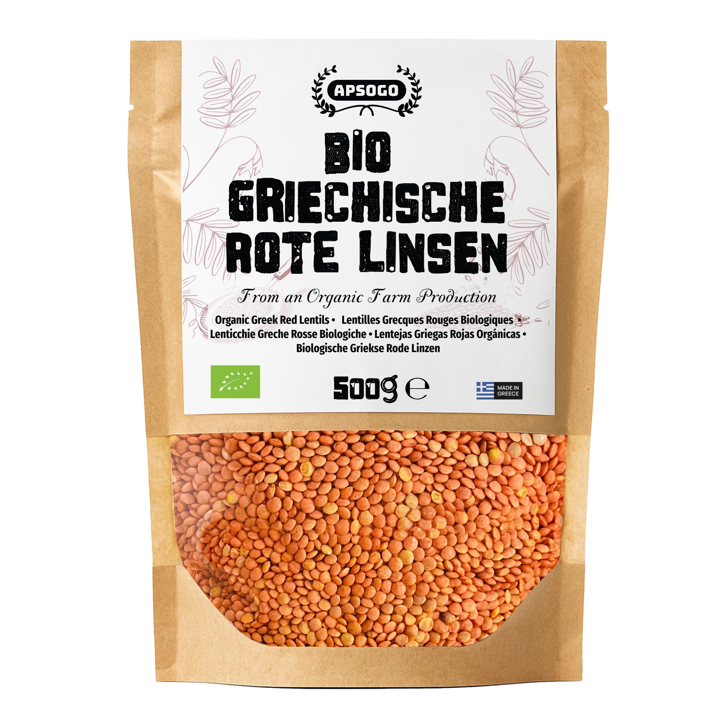 APSOGO Organic Greek Red Split Lentils 500g resealable pack