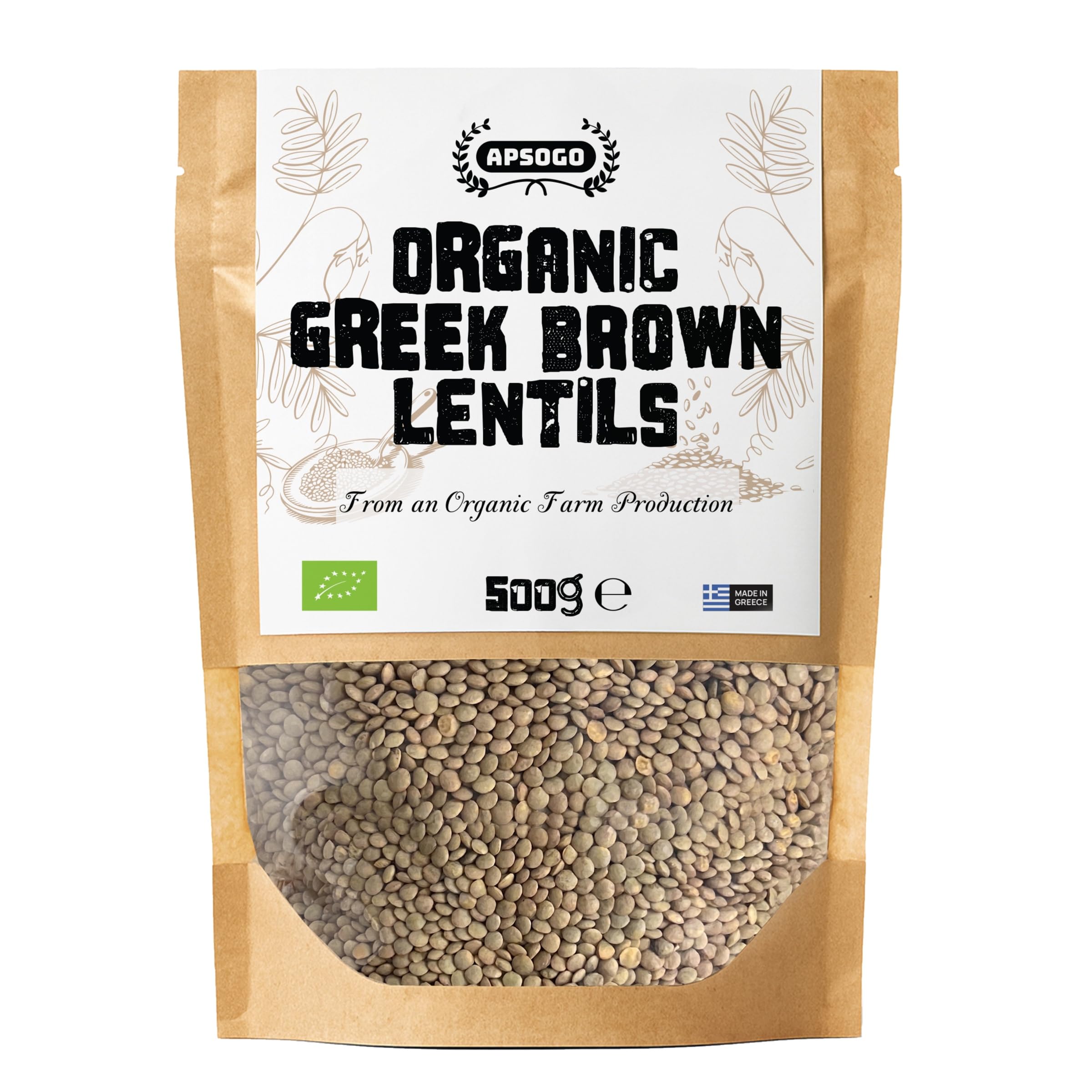 APSOGO Organic Greek Brown Lentils 500g resealable pack