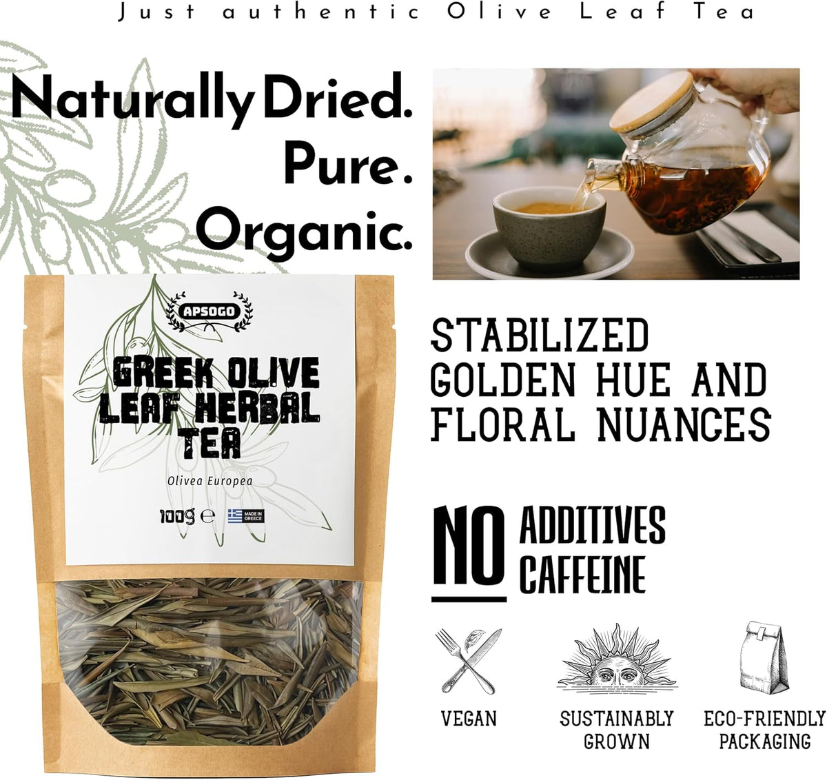 Apsogo Greek Olive Leaf Tea (100g) - Premium Loose Olive Leaves - Mild Herbal Taste & Smooth Aroma - Natural Caffeine-Free Tea - Resealable Eco-Friendly Pouch