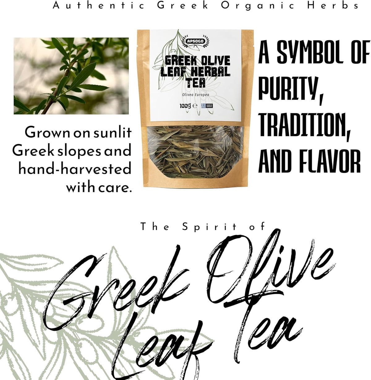 Apsogo Greek Olive Leaf Tea (100g) - Premium Loose Olive Leaves - Mild Herbal Taste & Smooth Aroma - Natural Caffeine-Free Tea - Resealable Eco-Friendly Pouch