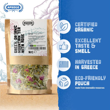 APSOGO Organic Mountain Tea with Rose - Herbal Infused Tea - Premium Quality & Excellent Taste - Produced in Greece - 50g