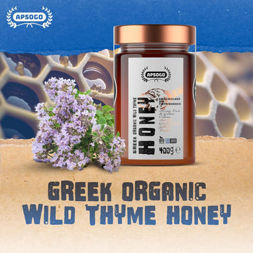 APSOGO Organic Thyme Honey - Pure Wilderness Honey from Greece, Crete - Strong Taste & Golden Colour (400g)
