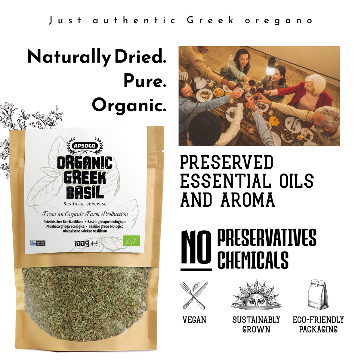Apsogo Basil - Dried Organic Basil from Greece - Premium Quality & Aromatic Flavor, Perfect as a Spice or Herbal Tea (100g)