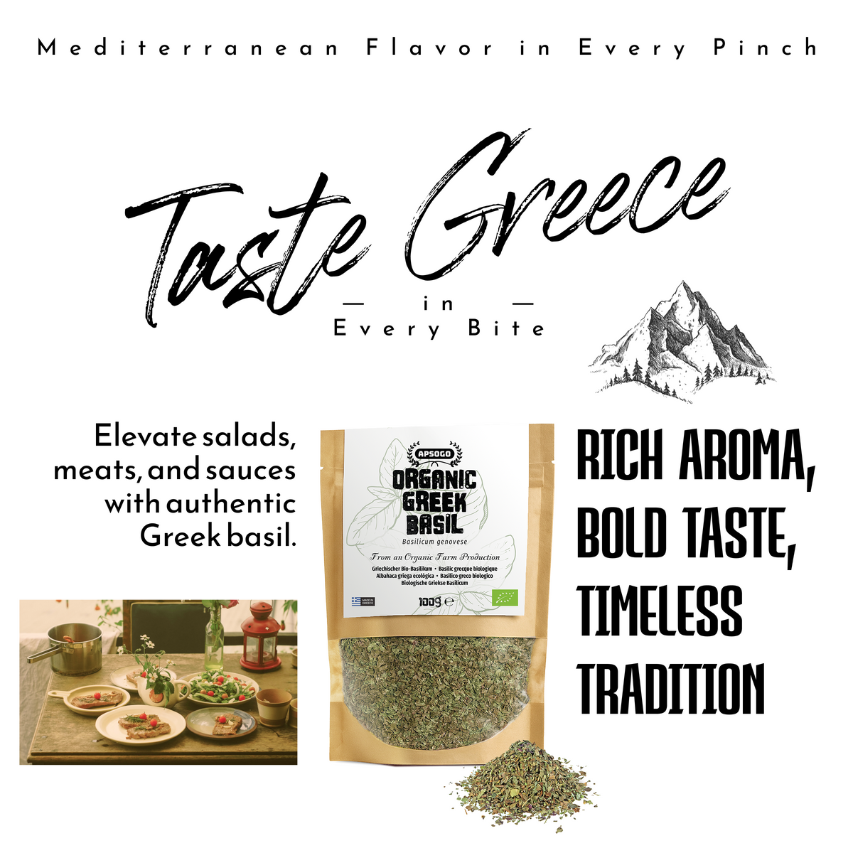 Apsogo Basil - Dried Organic Basil from Greece - Premium Quality & Aromatic Flavor, Perfect as a Spice or Herbal Tea (100g)