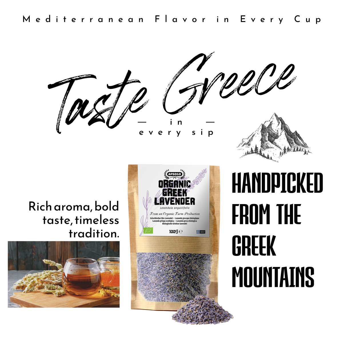 Apsogo Lavender - Dried Organic Lavender from Greece - Premium Quality & Fragrant Aroma, Perfect for Herbal Teas or Unique Culinary Blends (100g)