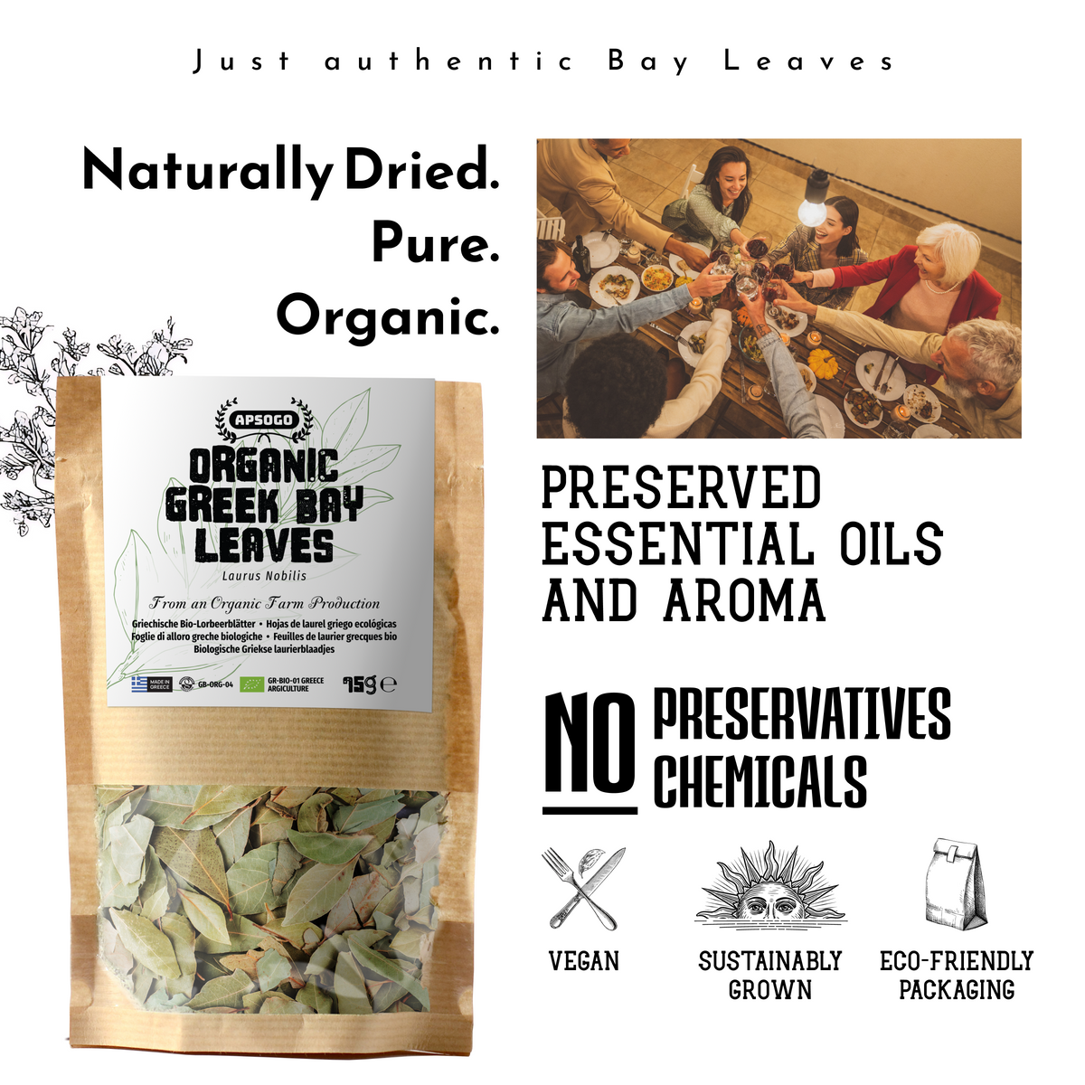 APSOGO Organic Greek Bay Leaves 75g - Whole Laurus Nobilis Leaves for Cooking & Tea - Aromatic, Hand-Picked, Eco Pouch