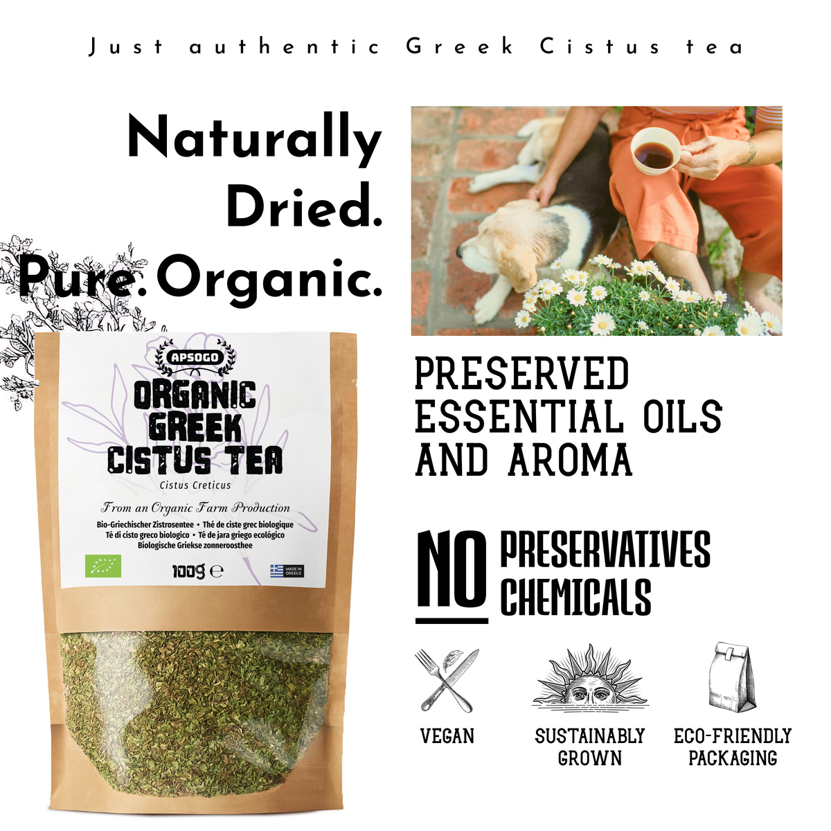 APSOGO Greek Organic Cistus Tea - Cistus Herb Premium Quality & Excellent Taste - Cistus Tea produced in Greece (100g)