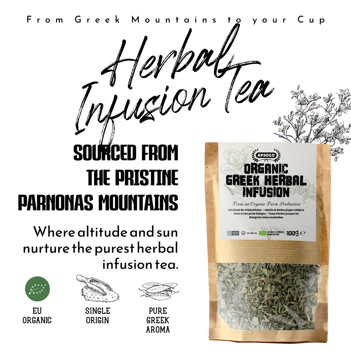 APSOGO Organic Greek Herbal Infusion - Loose Leaf Blend with Mountain Tea, Sage, Lemon Balm & Dittany - Caffeine-Free - Eco Pouch - 100g