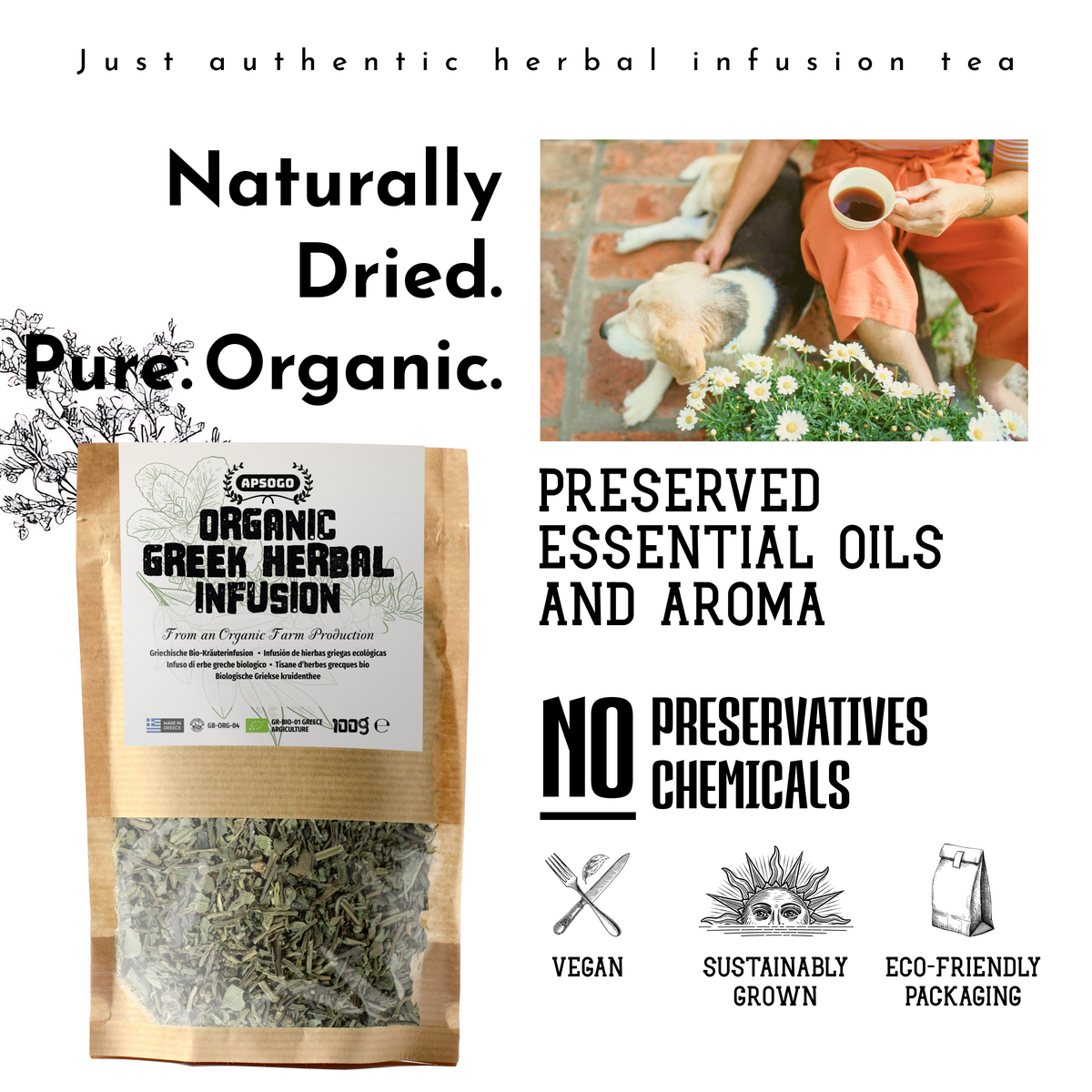APSOGO Organic Greek Herbal Infusion - Loose Leaf Blend with Mountain Tea, Sage, Lemon Balm & Dittany - Caffeine-Free - Eco Pouch - 100g