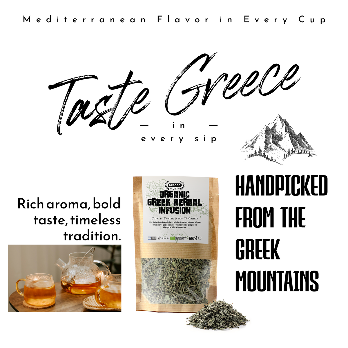 APSOGO Organic Greek Herbal Infusion - Loose Leaf Blend with Mountain Tea, Sage, Lemon Balm & Dittany - Caffeine-Free - Eco Pouch - 100g
