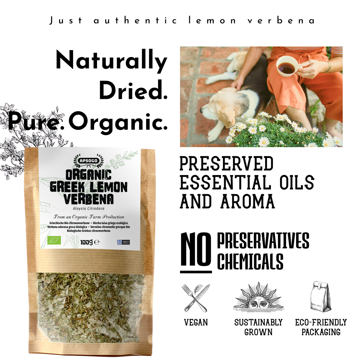APSOGO Organic Greek Lemon Verbena Tea - Loose Leaf Herbal Infusion with Fresh Citrus Aroma - Caffeine-Free & Naturally Calming - 75g