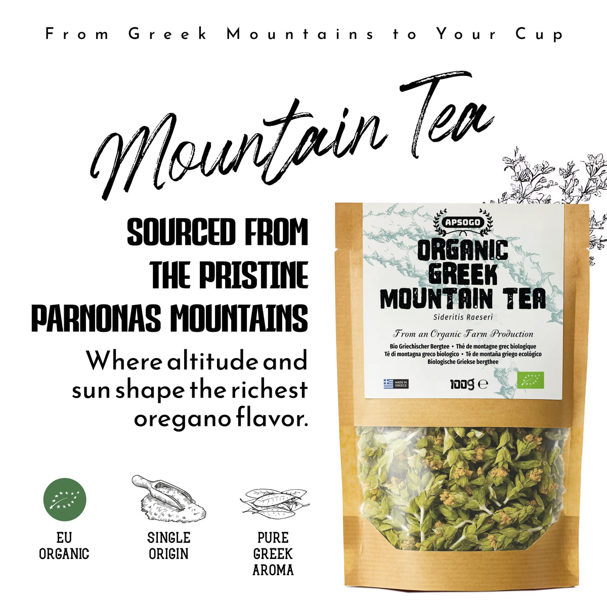 Package of Organic Greek Mountain Tea with text about its origin and qualities.