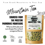 Package of Organic Greek Mountain Tea with text about its origin and qualities.