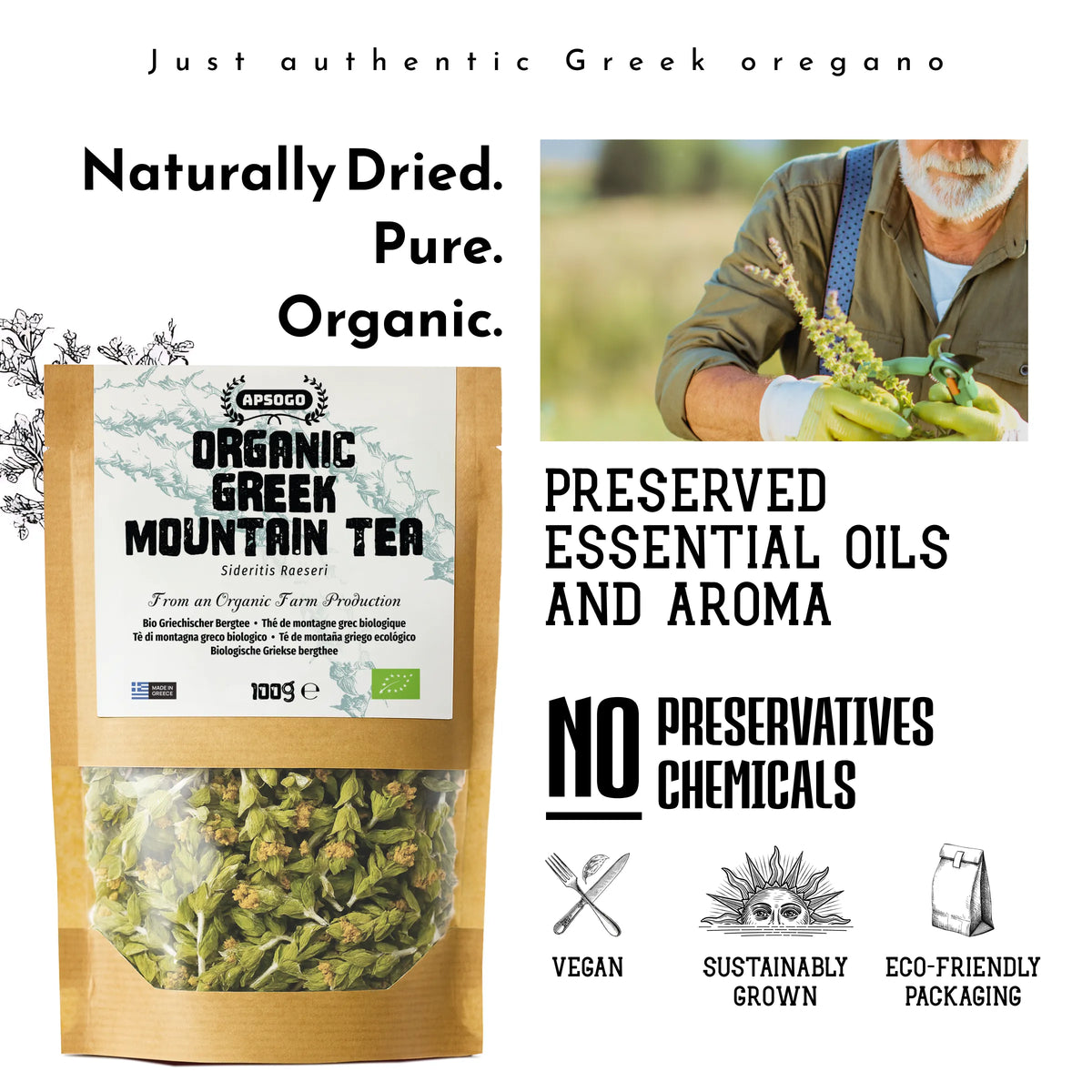 Package of Organic Greek Mountain Tea with text highlighting authenticity, preservation methods, and sustainability.